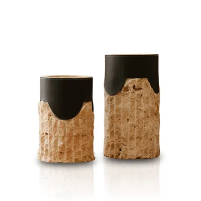 Marleth Neutrals / Black Handmade Travertine Vases, Set Of Two - Beige Stone & Leather Wrap