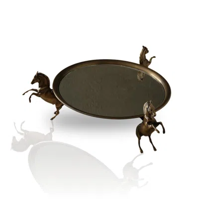 Marleth Black / Brown Round Bronze-finished Brass Tray With Three Horse Base & Mirrored Surface