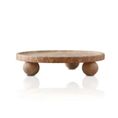 Marleth Neutrals Handmade Travertine Pedestal Tray – Round Elevated Design With Three Sphere Feet