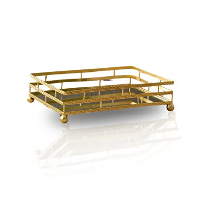 Marleth Gold / White Three-tier Brass Tray With Mirrored Base & Woven Detailing – Gold Finish