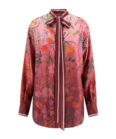 Gucci Silk Shirt With Flora Print And Tie Bow
