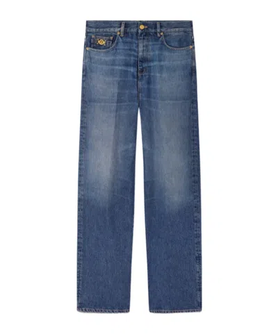 Versace Straight Trousers With Pockets And Loops In Blue