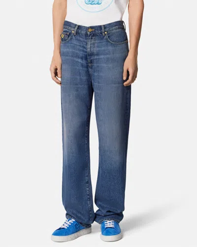 Versace Straight Trousers With Pockets And Loops In Blue