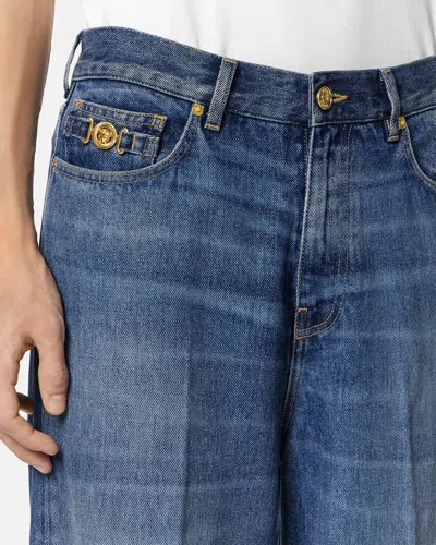 Versace Straight Trousers With Pockets And Loops In Blue