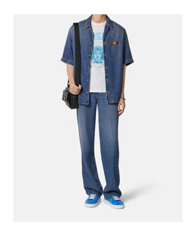 Versace Straight Trousers With Pockets And Loops In Blue