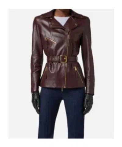 Elisabetta Franchi Fitted Leather Jacket With Belted Waist And Gold Hardware In Brown