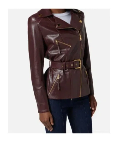 Elisabetta Franchi Fitted Leather Jacket With Belted Waist And Gold Hardware In Brown