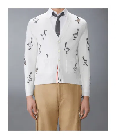 Thom Browne Pattern-intarsia Virgin Wool Cardigan In White