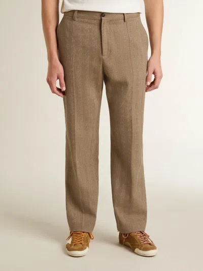 Golden Goose Tailored Pants In Sand-colored Chevron Linen Blend In Brown
