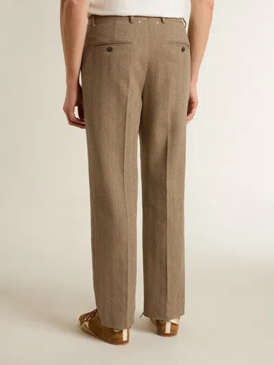 Golden Goose Tailored Pants In Sand-colored Chevron Linen Blend In Brown