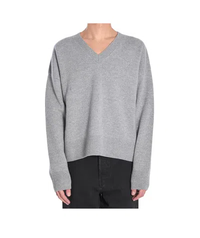 Ami Alexandre Mattiussi Ami V-neck Ribbed Sweater With Embroidered Logo In Gray