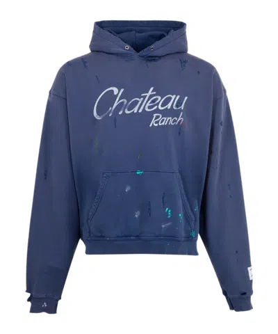 Gallery Dept. Chateau Ranch Distressed Paint-splattered Logo-print Supima Cotton-jersey Hoodie In Blue
