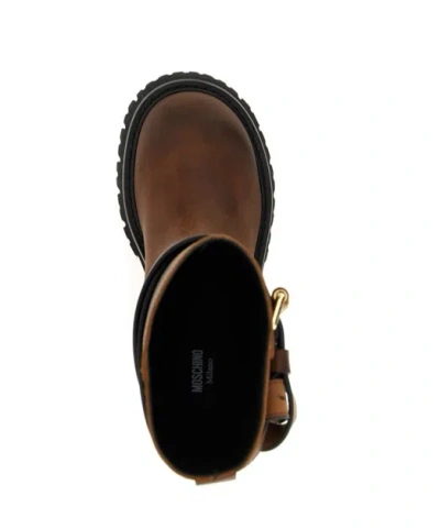 Moschino 'chunky Sole' Ankle Boots With Buckle And Strap In Brown