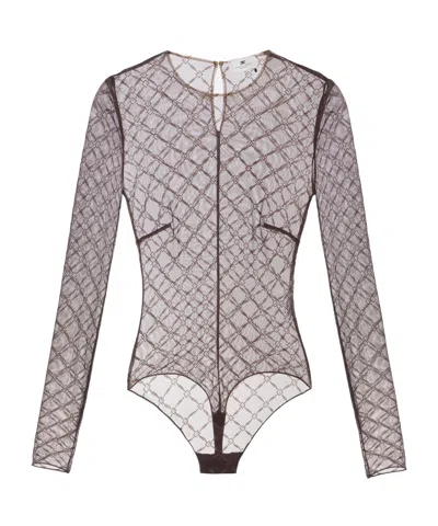Elisabetta Franchi Bodysuit In Jacquard Tulle Fabric With Diamonds