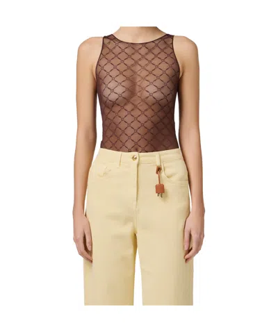 Elisabetta Franchi Bodysuit In Jacquard Tulle Fabric With Diamonds