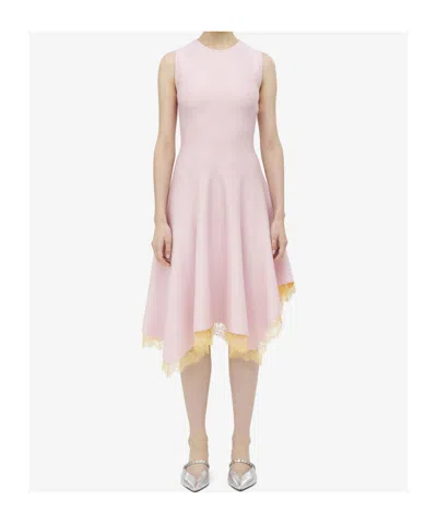 Alexander Mcqueen Mcqueen Lace Trim Asymmetric Wool Blend Knit Dress In Pink