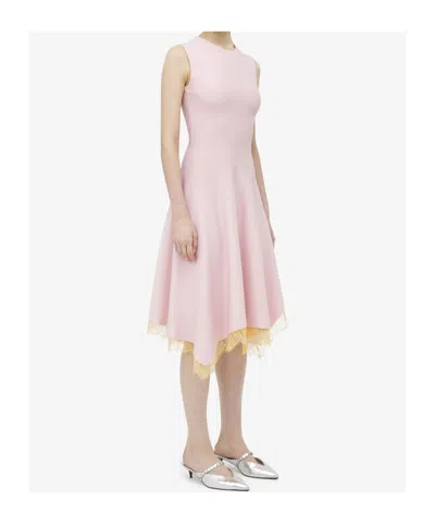 Alexander Mcqueen Mcqueen Lace Trim Asymmetric Wool Blend Knit Dress In Pink