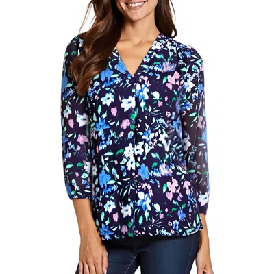 Jones New York Tunic Top Womens Navy Multi Floralsleeve V-neck Fts1174 In Blue