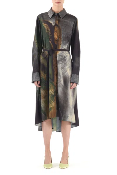 Jason Wu Brushstroke Printed Oversized Shirtdress With Belt In Gray