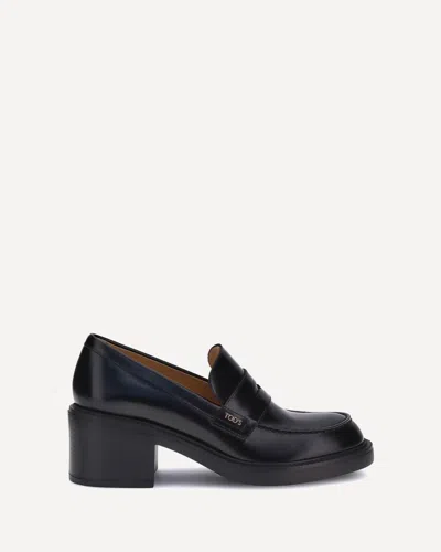 Tod's Leather Block Heel Loafers With Round Toe In Black