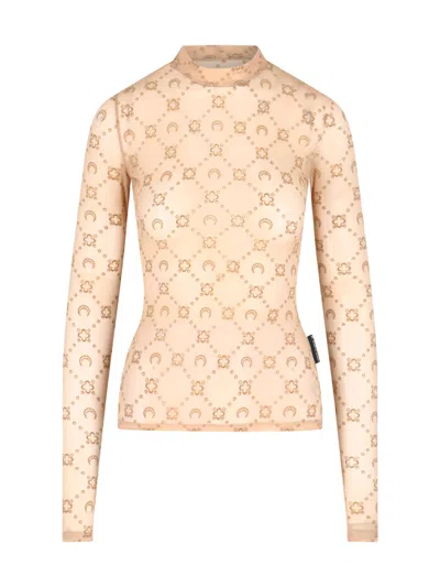 Marine Serre Printed Fitted Top Sheer Sleeves In Neutral
