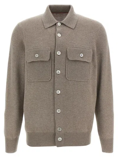 Brunello Cucinelli Cashmere Collared Design Cardigan In Neutral