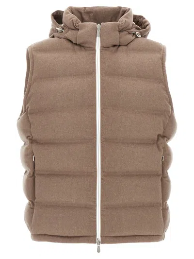 Brunello Cucinelli Men Sleeveless Wool Down Jacket With Detachable Hood In Brown