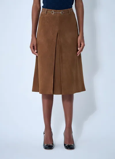 Gucci Women Suede Midi Skirt In Brown