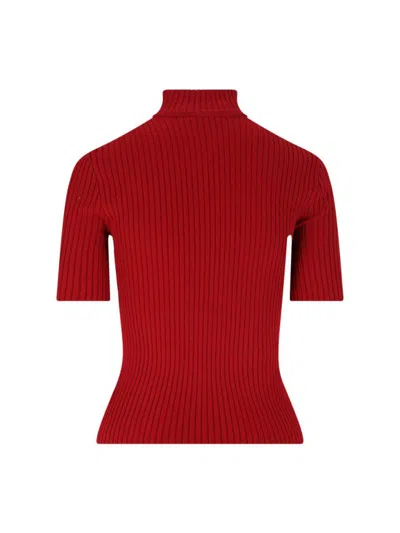 Courrèges Short Sleeve Ribbed Mock Neck Sweater In Red