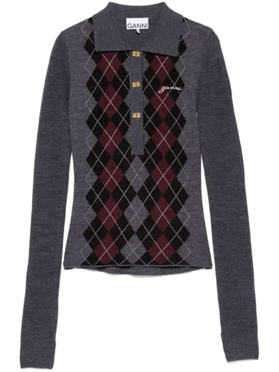 Ganni Grey Sweater With Classic Collar And Check Motif On The Front In Wool Woman