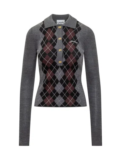 Ganni Grey Sweater With Classic Collar And Check Motif On The Front In Wool Woman