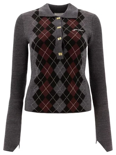 Ganni Grey Sweater With Classic Collar And Check Motif On The Front In Wool Woman