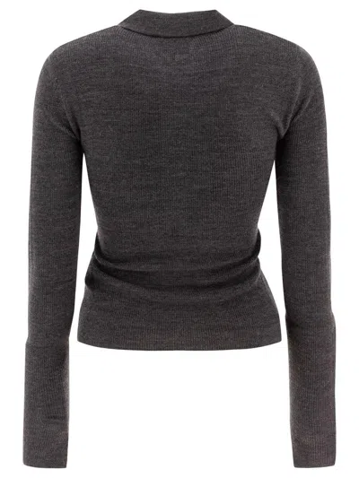 Ganni Grey Sweater With Classic Collar And Check Motif On The Front In Wool Woman