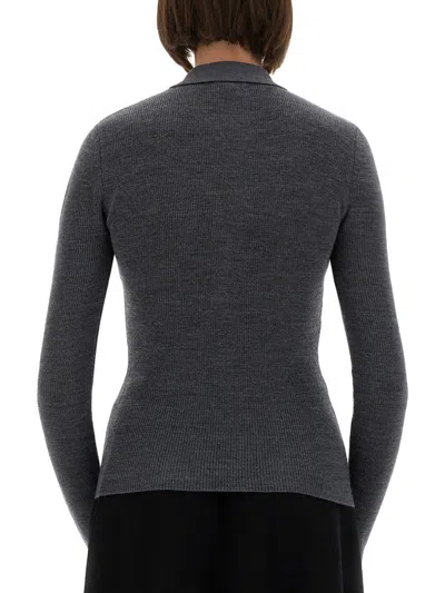 Ganni Grey Sweater With Classic Collar And Check Motif On The Front In Wool Woman