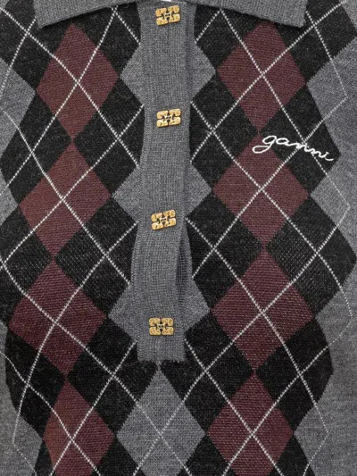 Ganni Grey Sweater With Classic Collar And Check Motif On The Front In Wool Woman