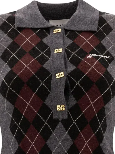 Ganni Grey Sweater With Classic Collar And Check Motif On The Front In Wool Woman