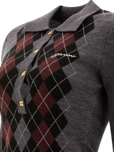 Ganni Grey Sweater With Classic Collar And Check Motif On The Front In Wool Woman