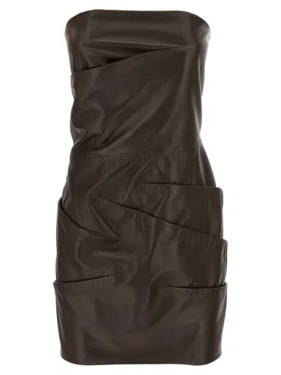 Attico Strapless Leather Dress With Layered Textured Finish In Brown
