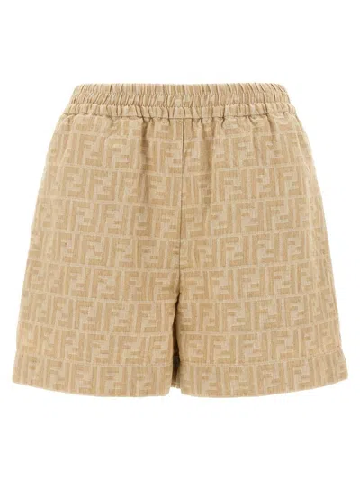 Fendi Ff Chambray Denim Shorts Bermuda And Short Beige In Brown