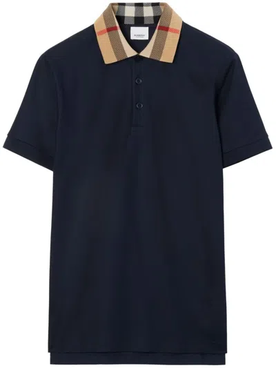 Burberry Check Collar Cotton Polo Shirt In Blue