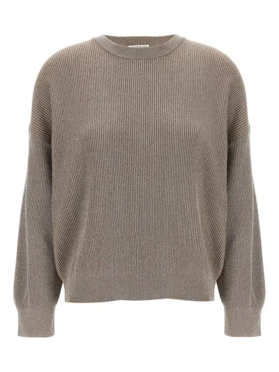 Brunello Cucinelli Ribbed Crewneck Cotton Sweater With Dropped Shoulders In Gray