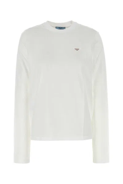 Prada Cotton Crew Neck T-shirt Long Sleeves In White
