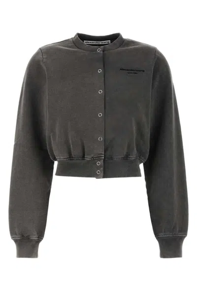 Alexander Wang Short Cotton Cardigan Ribbed Cuffs In Gray
