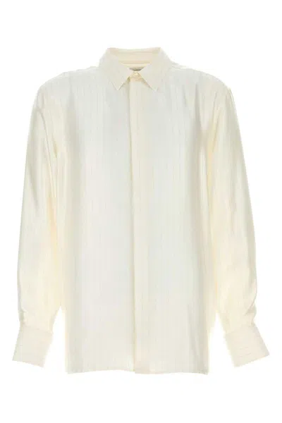 Saint Laurent Embroidered Satin Shirt With Cuffed Lightweight Long Sleeves In White