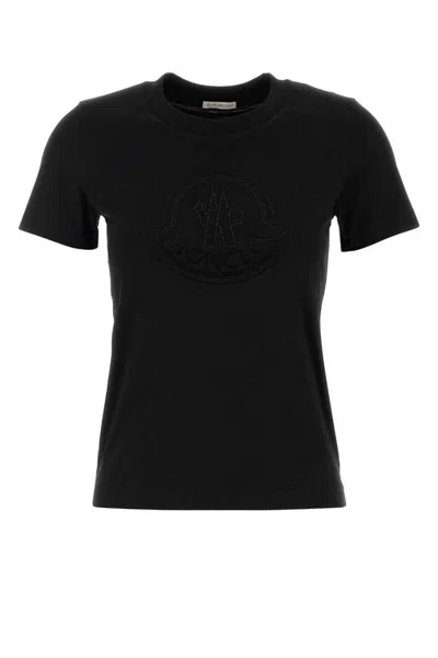 Moncler Women Black T-shirt With Rhinestone Logo In Cotton Woman In Black