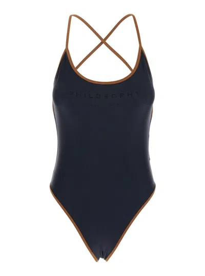 Philosophy Di Lorenzo Serafini Black Costume With Crossed Straps And Lettering Logo In Tech Fabric Woman In Black