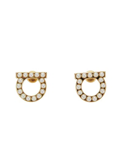 Ferragamo Gold-colored Gancini Earrings With Pearls
