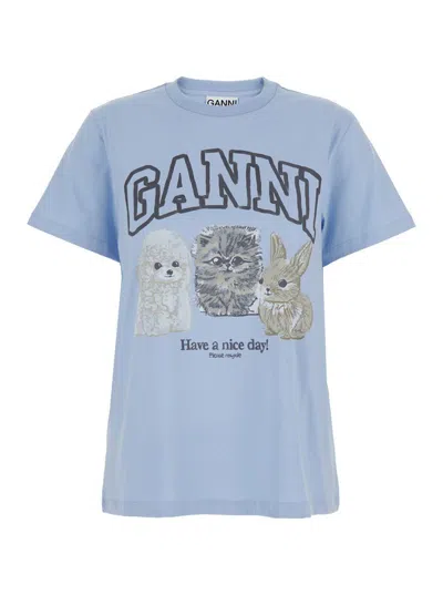 Ganni Light Blue Crewneck T-shirt With Maxi Logo On The Front In Cotton Woman In Blue