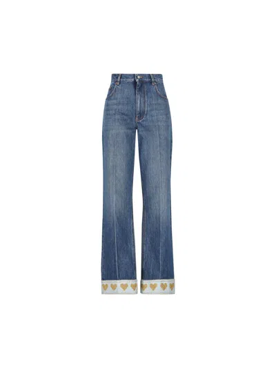 Valentino Heart Court Straight Jeans With Embroidered Hem