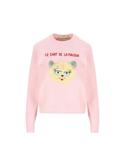 Valentino Cat-embroidered Cotton Jersey Sweatshirt In Pink